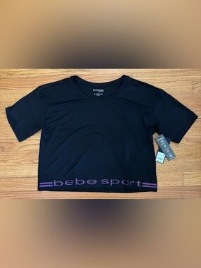 bebe sport Athletic Tee Women’s Large Black/Purple Cropped Shirt Logo Casual New